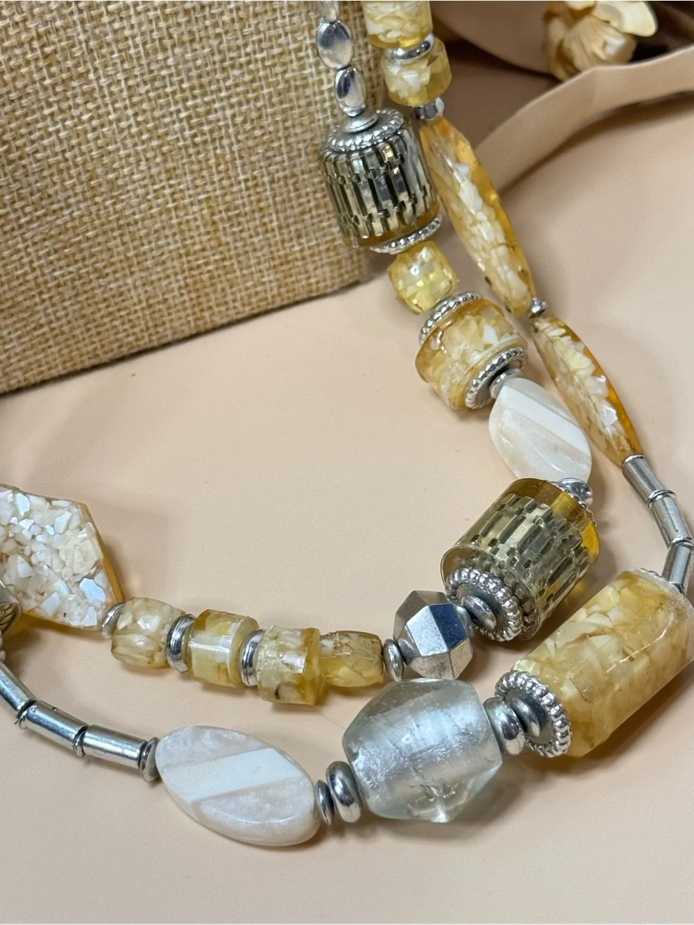 Vintage 30” Yellow Cream Beaded Double Strand Statement Necklace Silver Tone